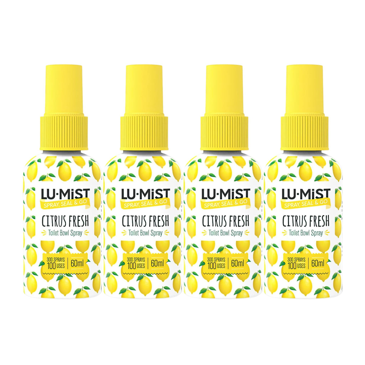 Four bottles of Lu-Mist Citrus Fresh toilet bowl spray on a white background
