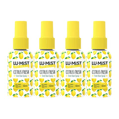 Four bottles of Lu-Mist Citrus Fresh toilet bowl spray on a white background
