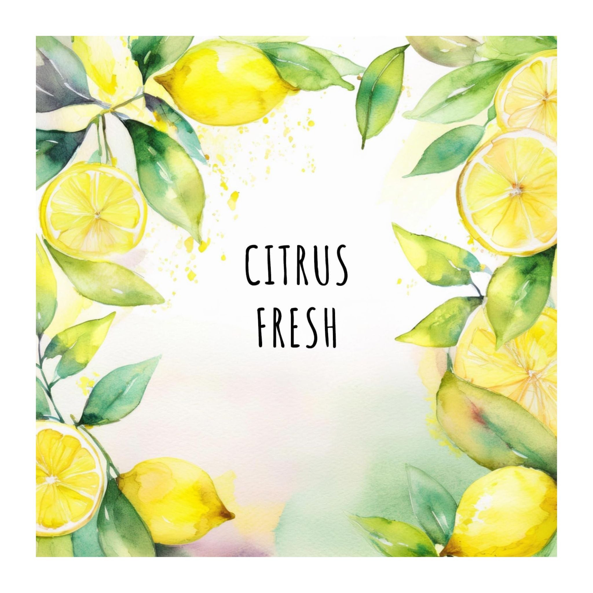 Decorative design with lemons and green leaves and 'Citrus Fresh' text on a light background.
