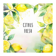 Decorative design with lemons and green leaves and 'Citrus Fresh' text on a light background.