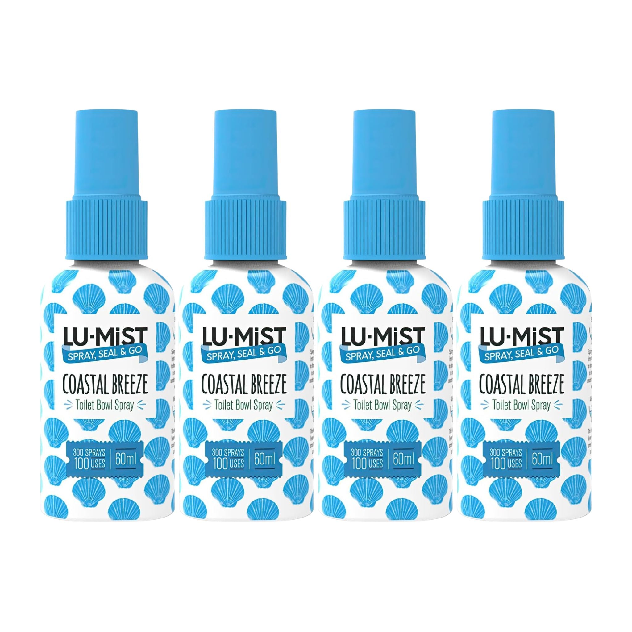 Four LU-MIST Coastal Breeze toilet bowl spray bottles with blue caps on a white background