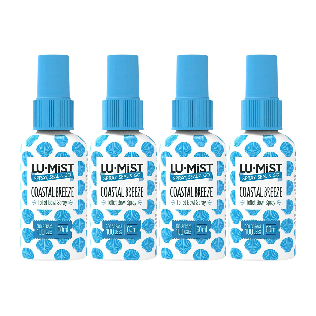 Four LU-MIST Coastal Breeze toilet bowl spray bottles with blue caps on a white background
