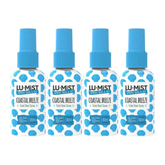 Four LU-MIST Coastal Breeze toilet bowl spray bottles with blue caps on a white background