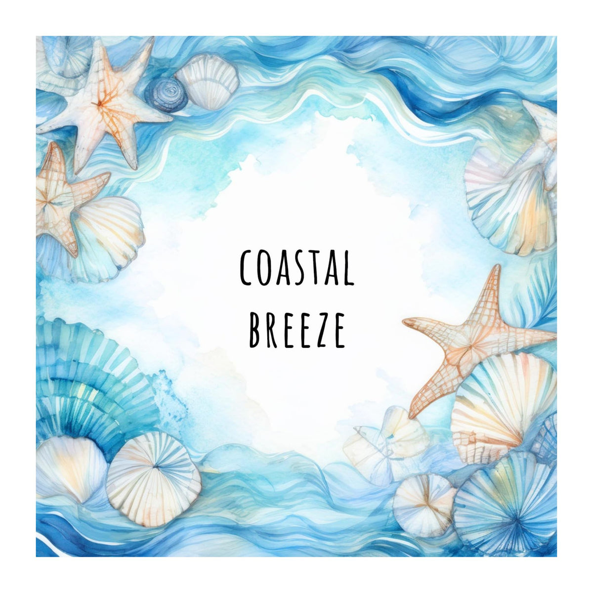 Coastal-themed design with starfish and shells on a blue wave background, featuring the text 'Coastal Breeze'.