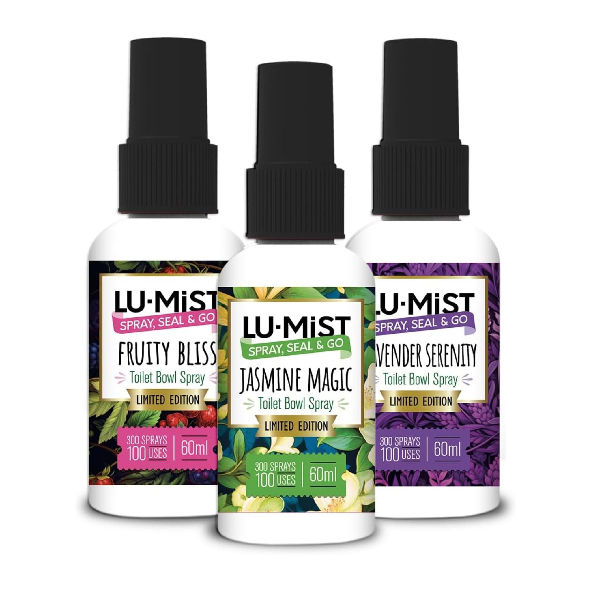 Three bottles of Lu-Mist toilet bowl spray with different scents on a white background