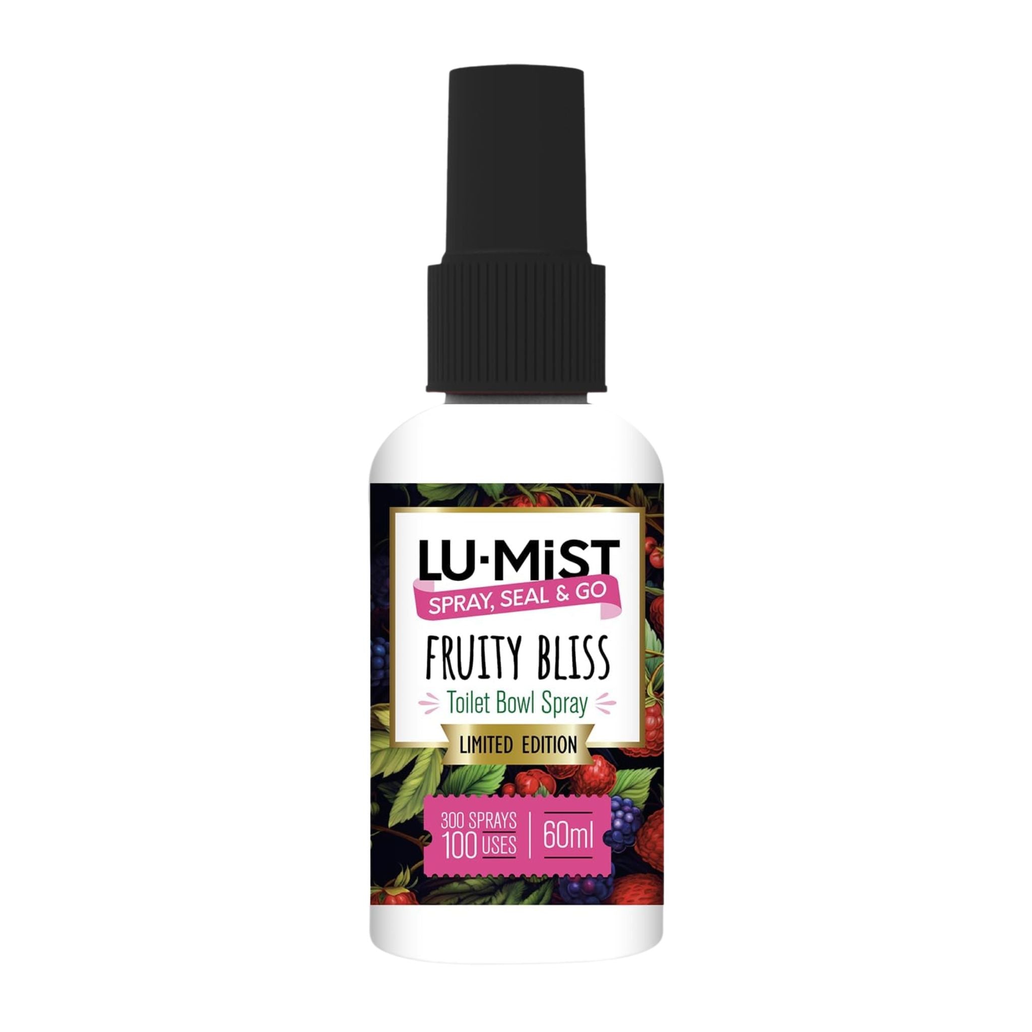 Lu-Mist Fruity Bliss toilet bowl spray bottle on a white background