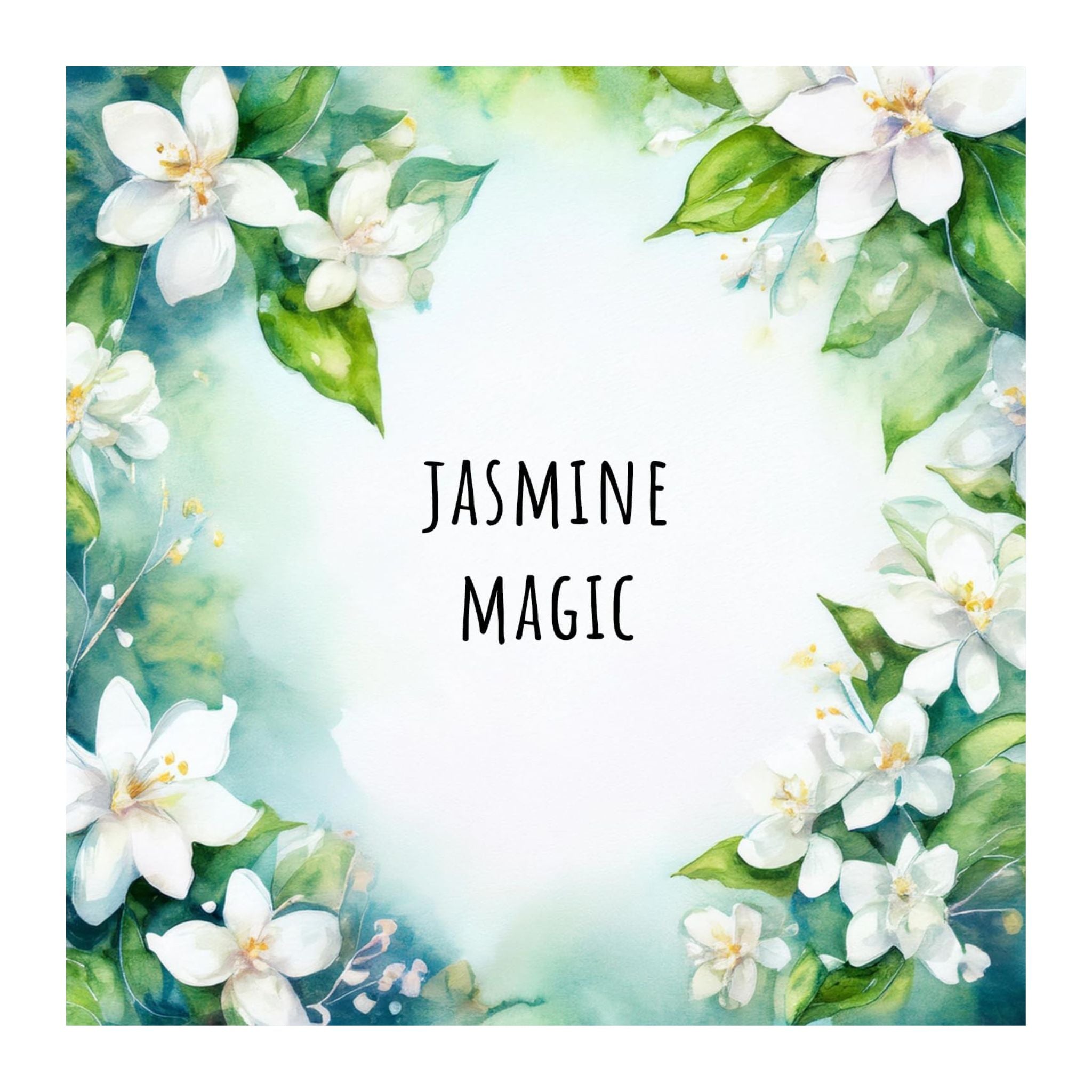 Floral design with 'Jasmine Magic' text on a light blue background