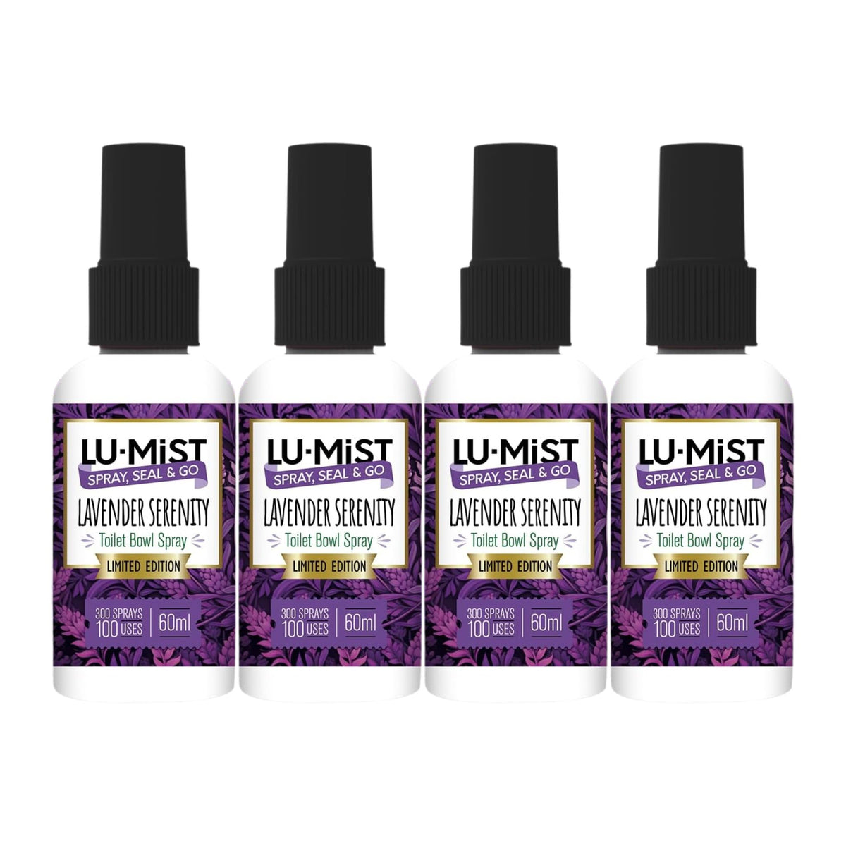 Four bottles of Lu-Mist Lavender Serenity Toilet Bowl Spray on a white background