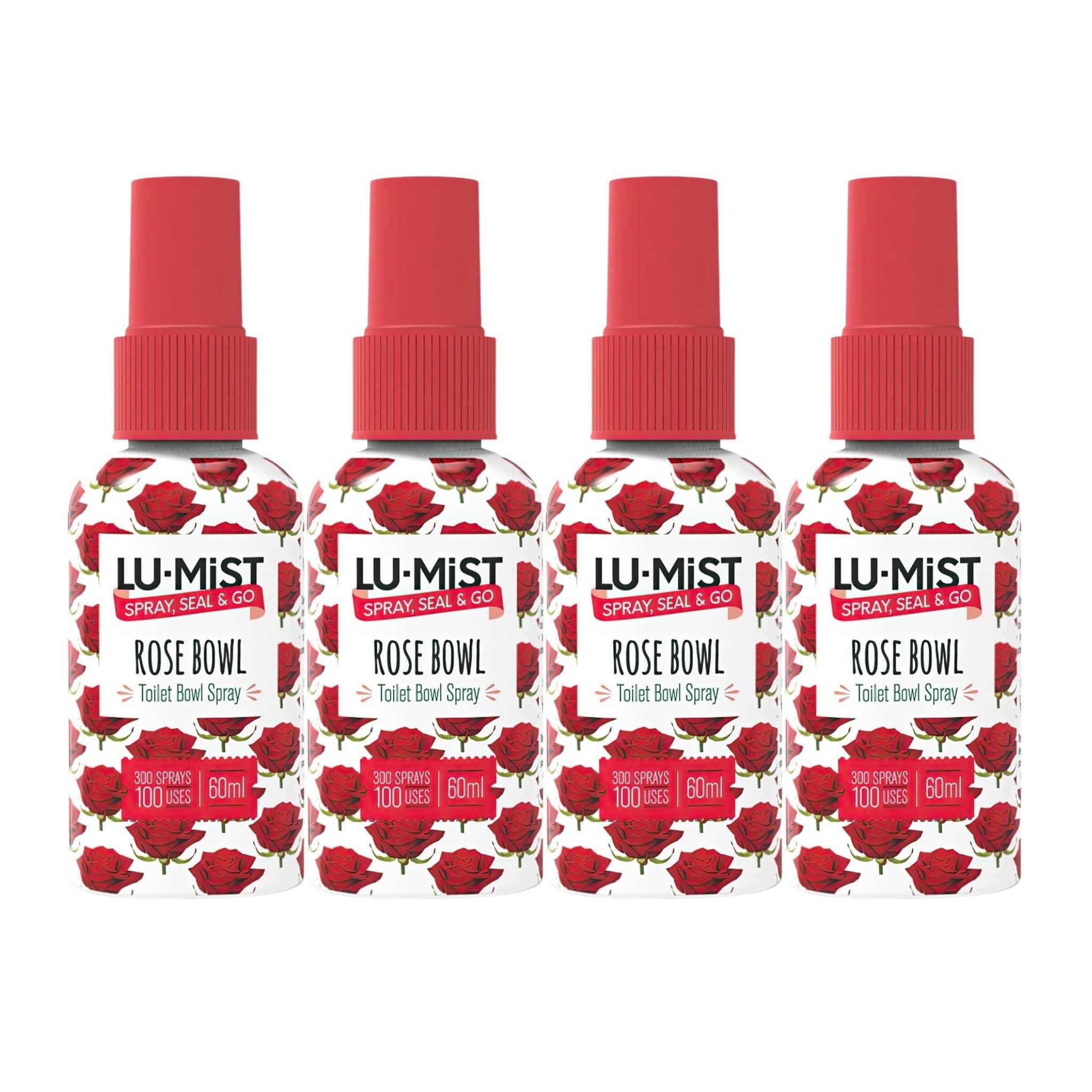Four LU-MIST Rose Bowl toilet bowl spray bottles with red and white design on a white background