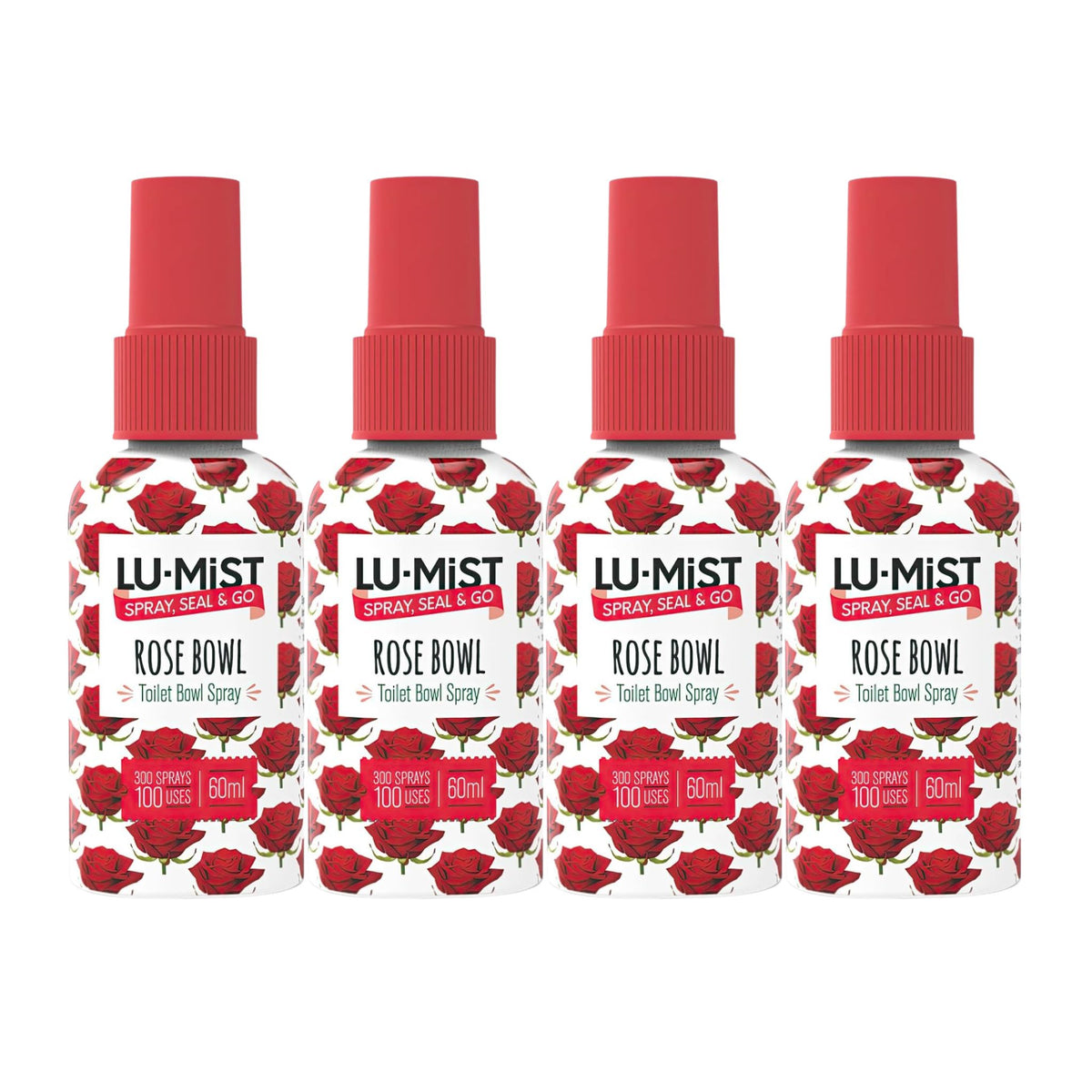 Four LU-MIST Rose Bowl toilet bowl spray bottles with red and white design on a white background