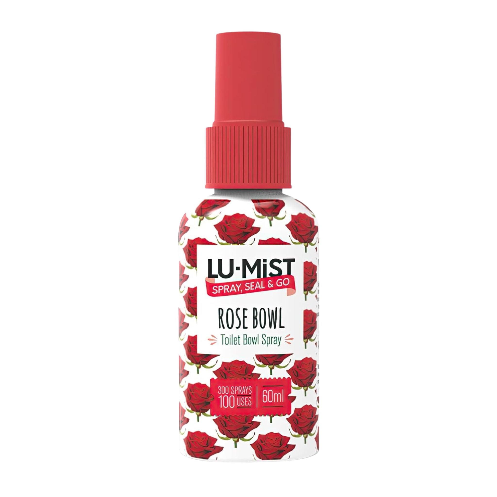 Lu-Mist Rose Bowl Toilet Bowl Spray bottle with red rose design on a white background