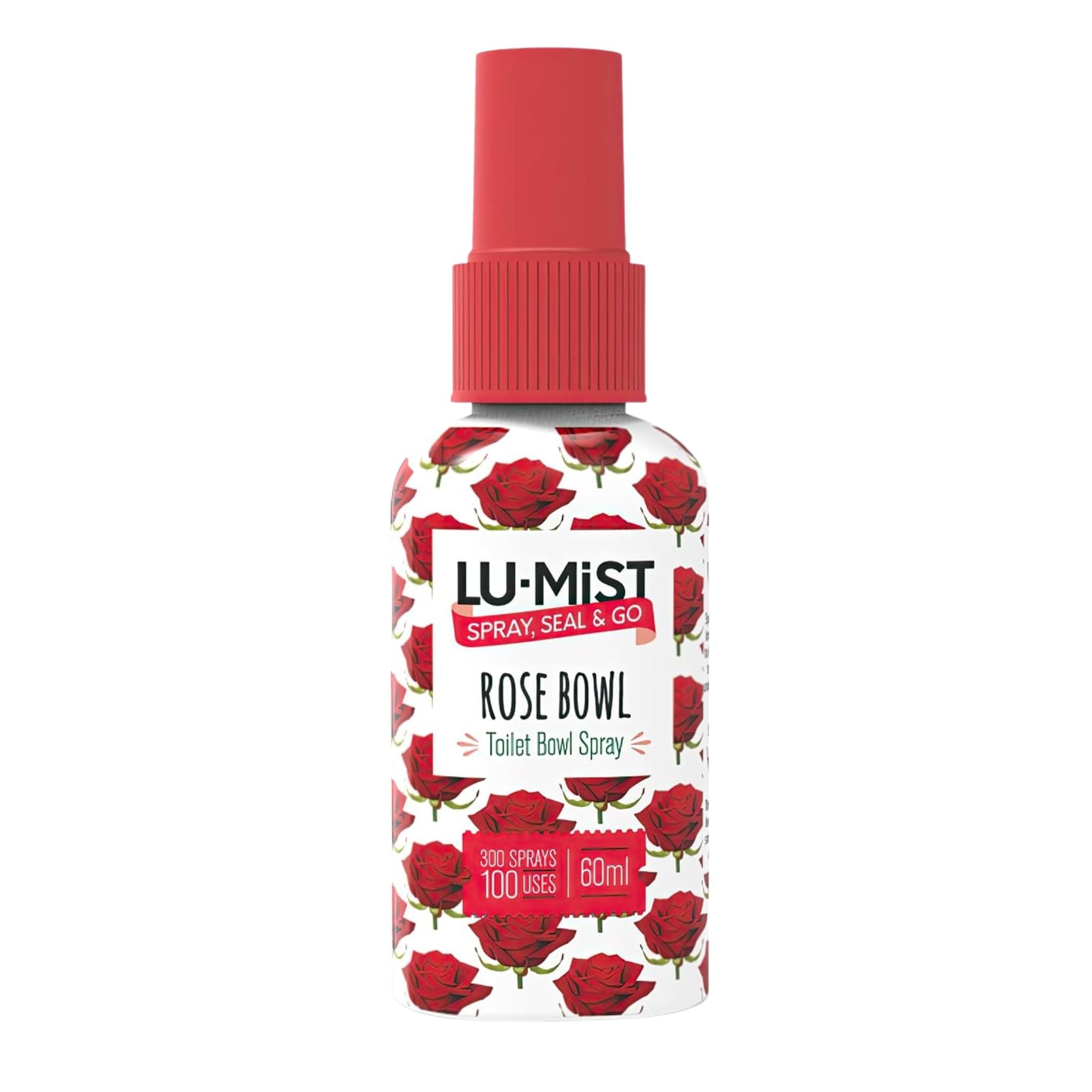 Lu-Mist Rose Bowl toilet bowl spray bottle with red cap and rose pattern on a white background