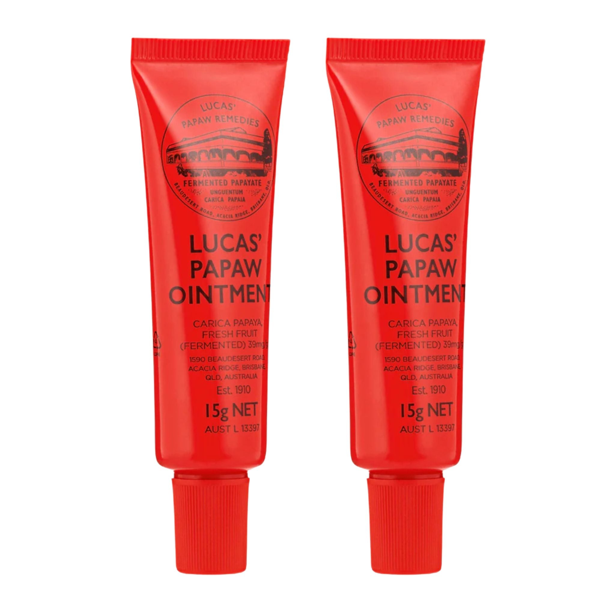 Two red tubes of Lucas' Papaw Ointment on a white background