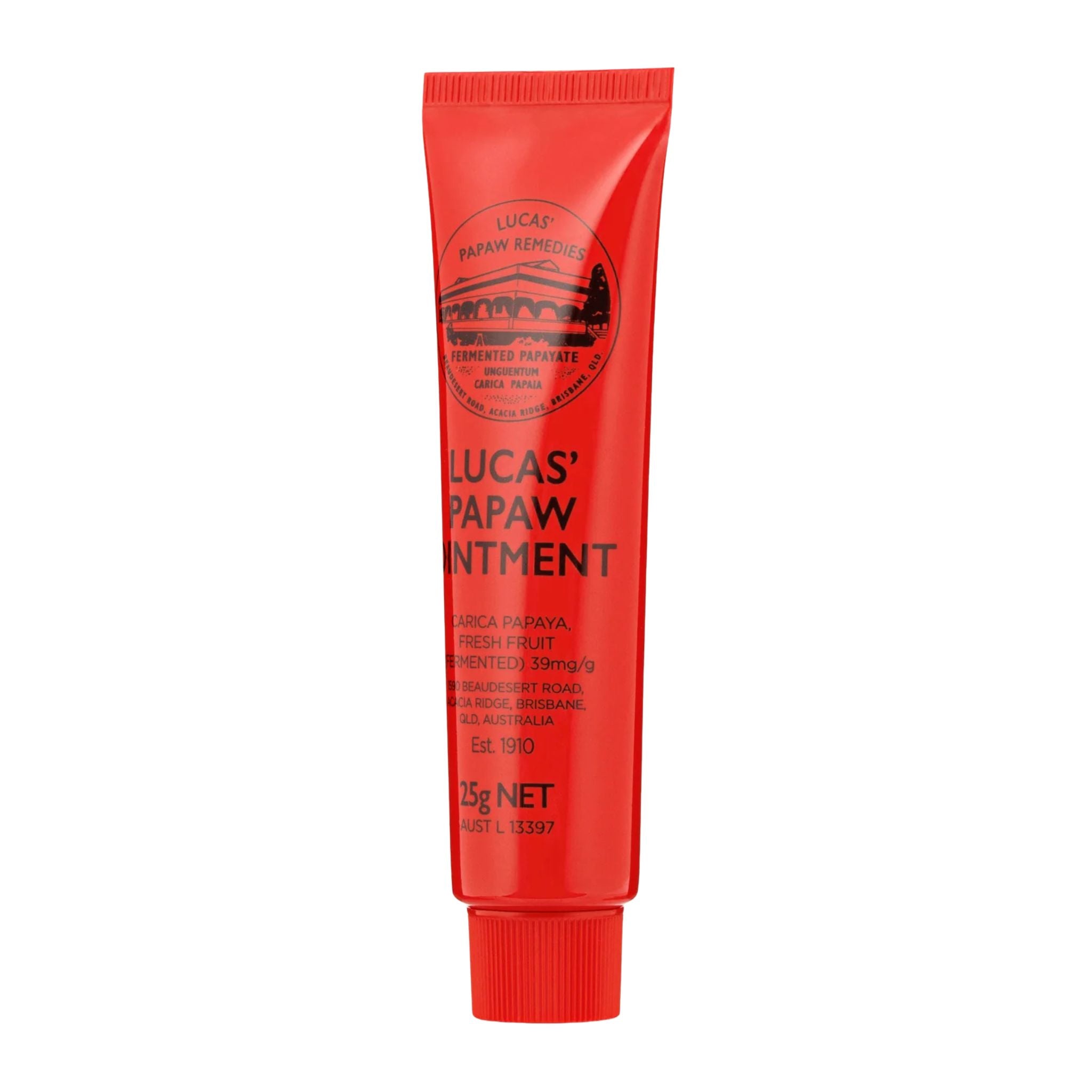 Red tube of Lucas' Papaw Ointment on a white background