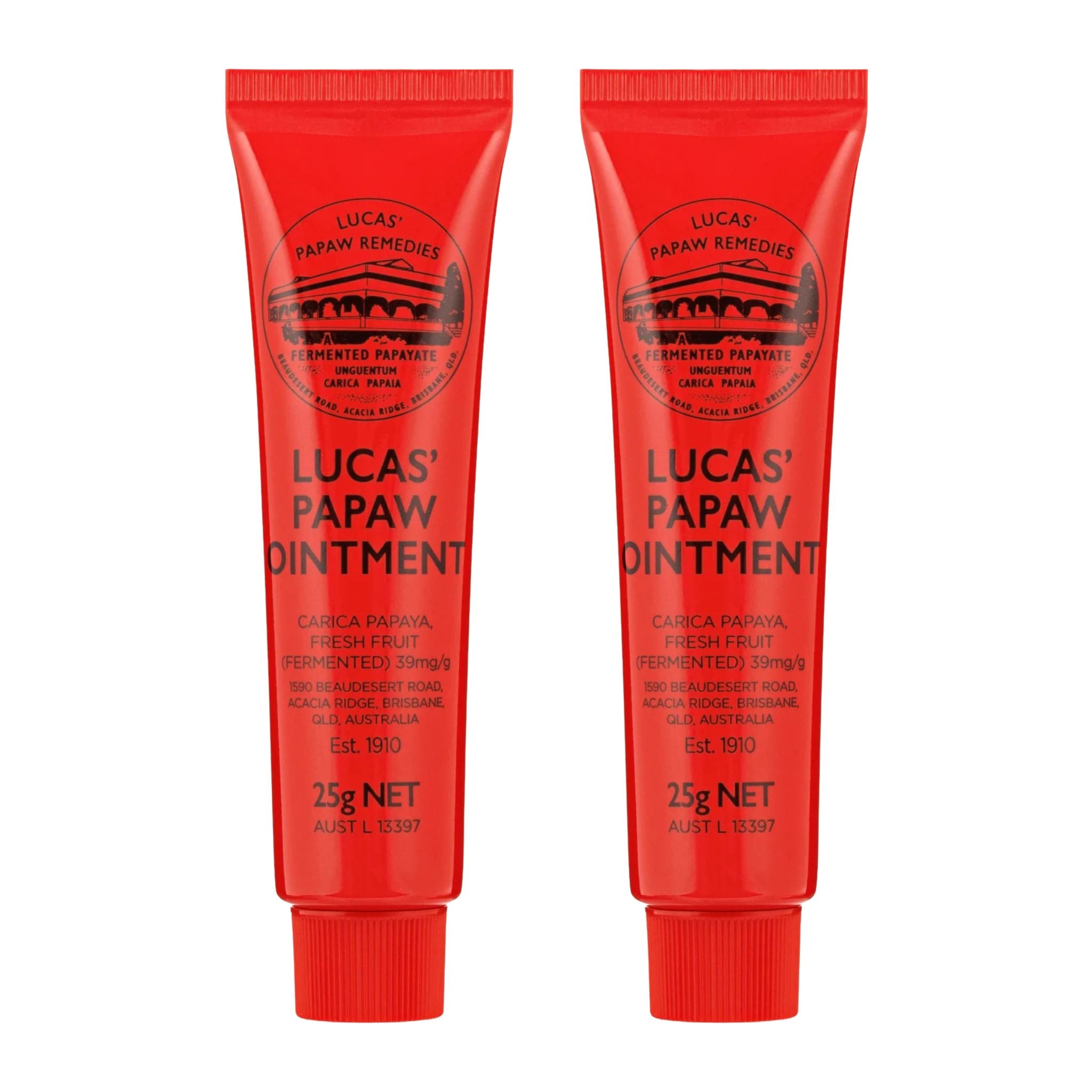 Two red tubes of Lucas' Papaw Ointment on a white background