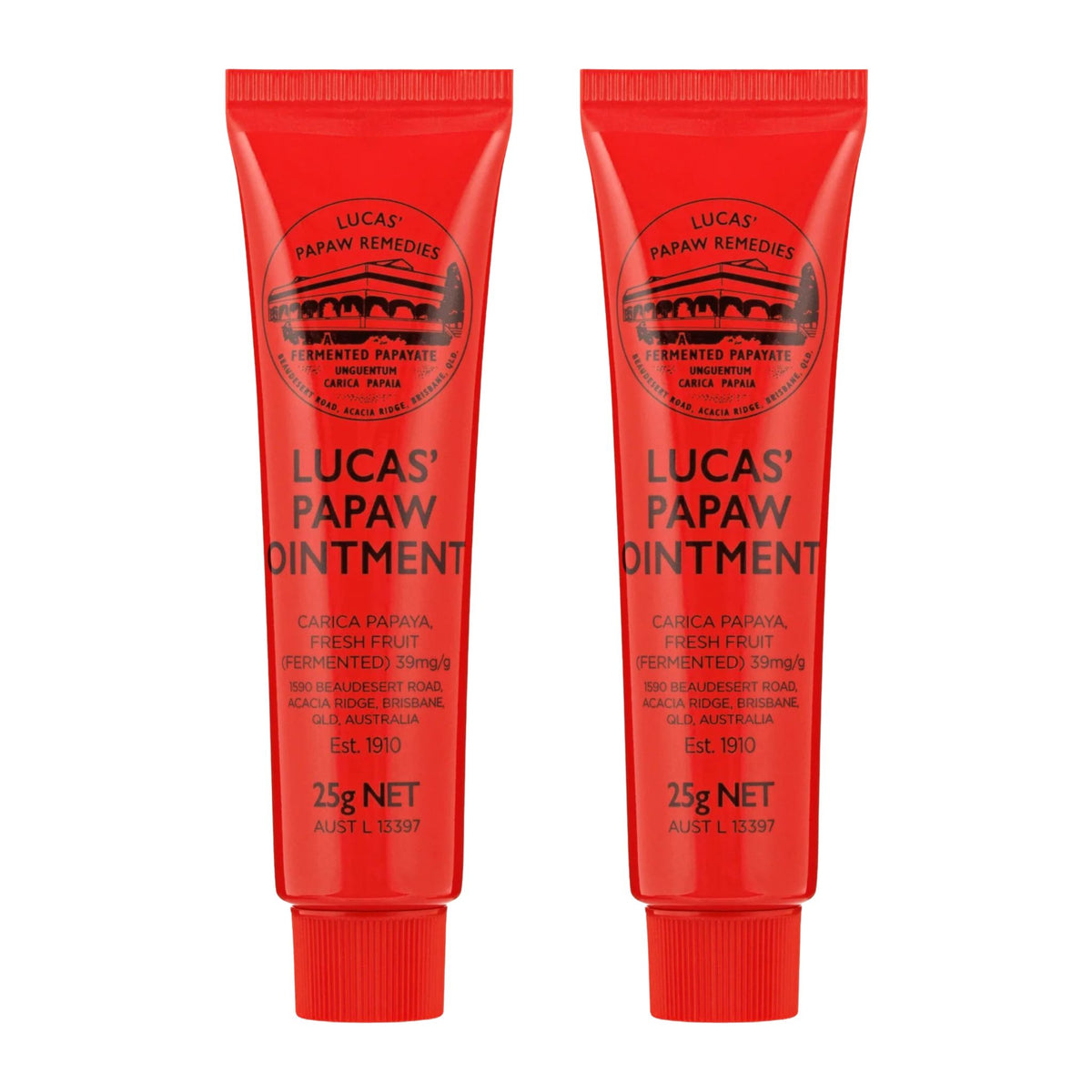 Two red tubes of Lucas' Papaw Ointment on a white background