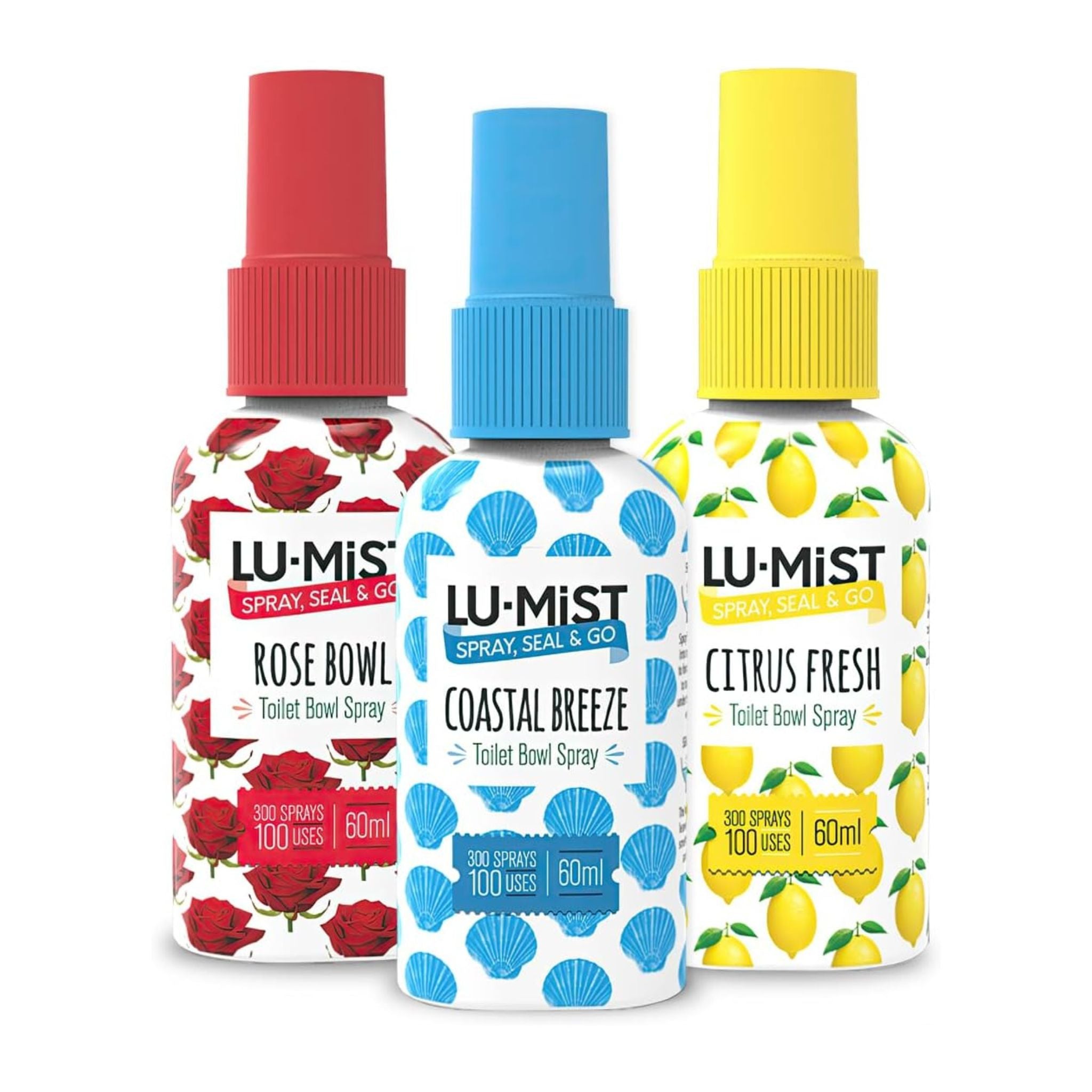 Three bottles of Lu-Mist toilet bowl spray with different scents on a white background