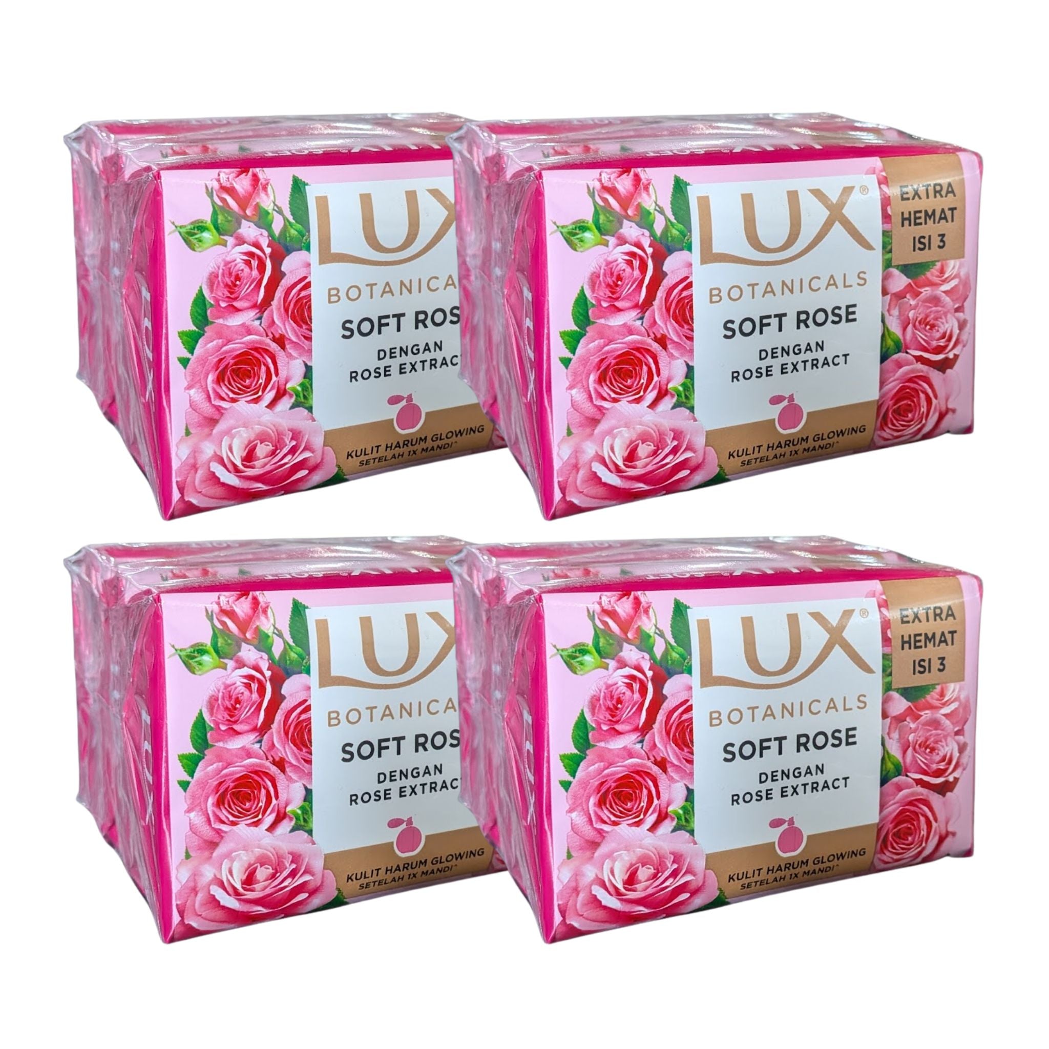 Four packs of Lux Botanicals Soft Rose soap on a white background