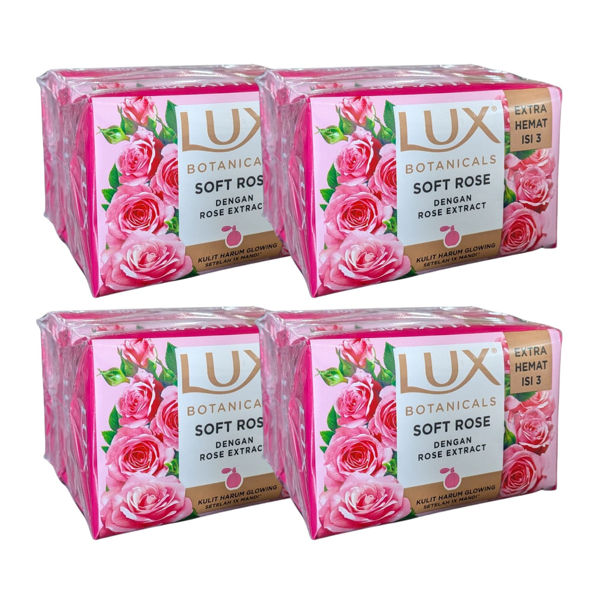 Four packs of Lux Botanicals Soft Rose soap on a white background