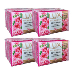 Four packs of Lux Botanicals Soft Rose soap on a white background