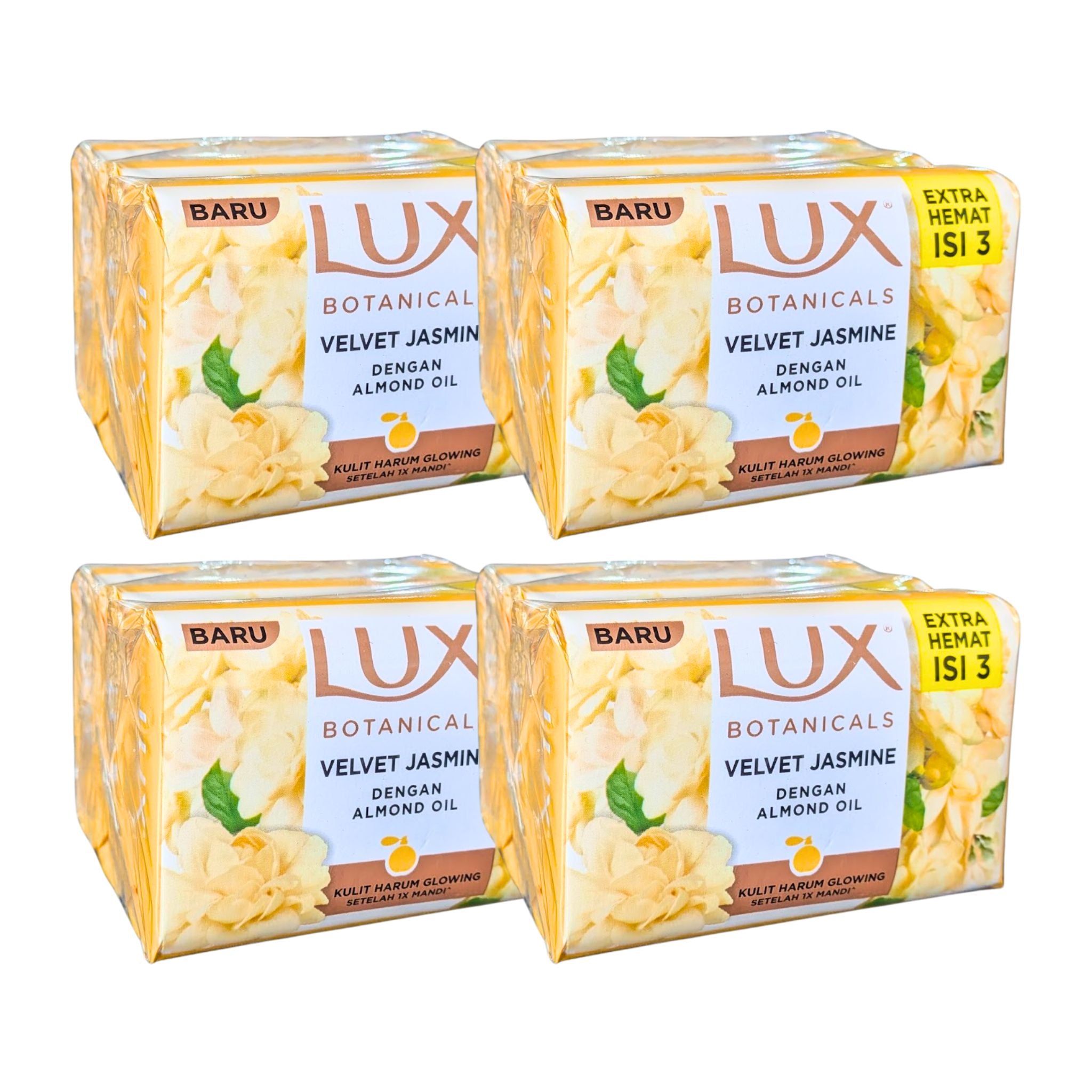 Four packages of Lux Botanicals Velvet Jasmine soap on a white background