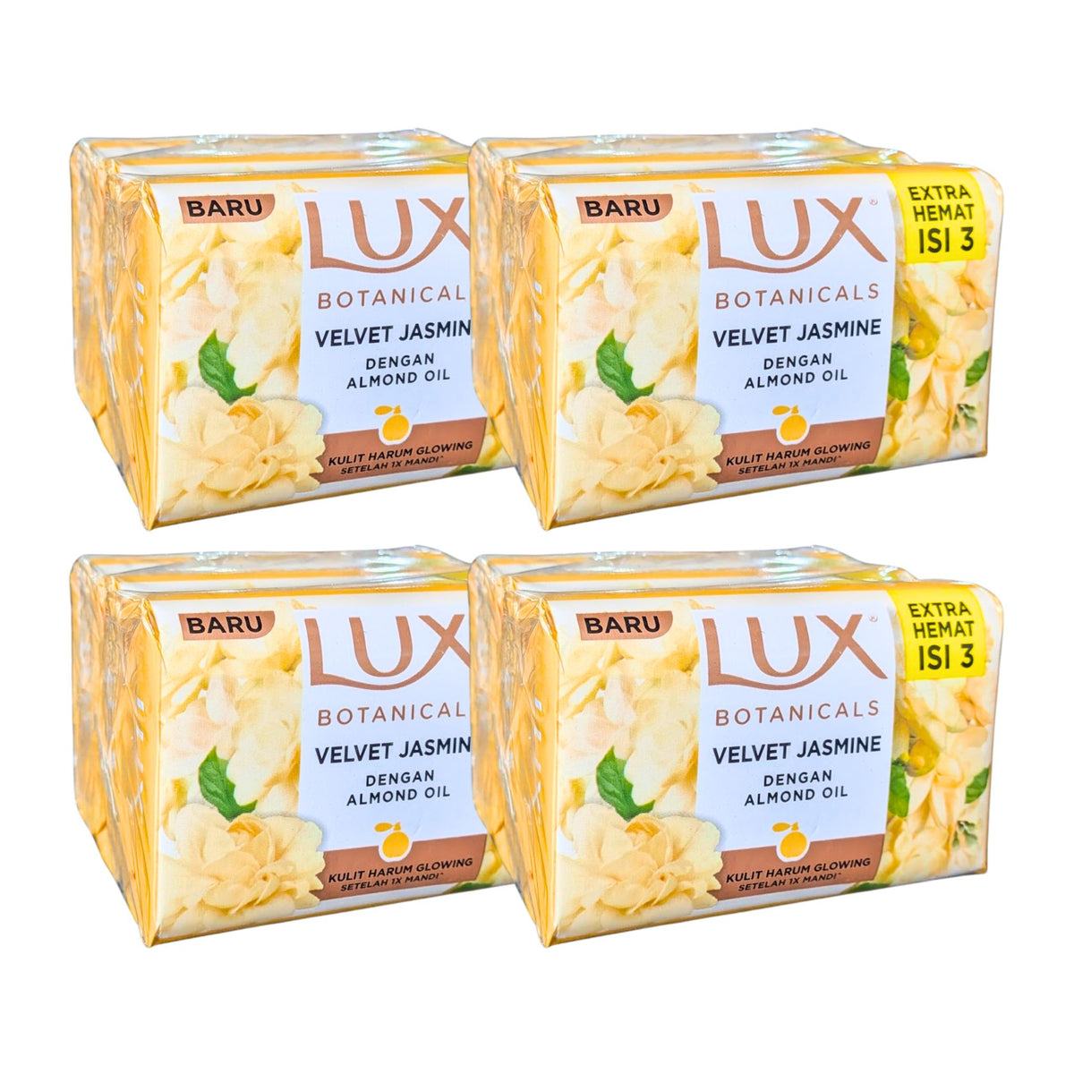 Four packages of Lux Botanicals Velvet Jasmine soap on a white background