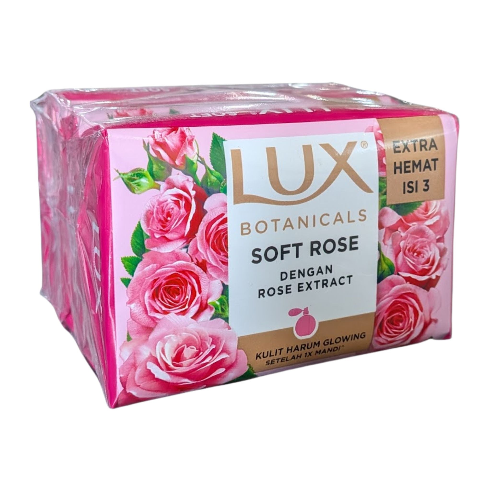 Lux Botanicals Soft Rose soap packaging with pink roses on a white background