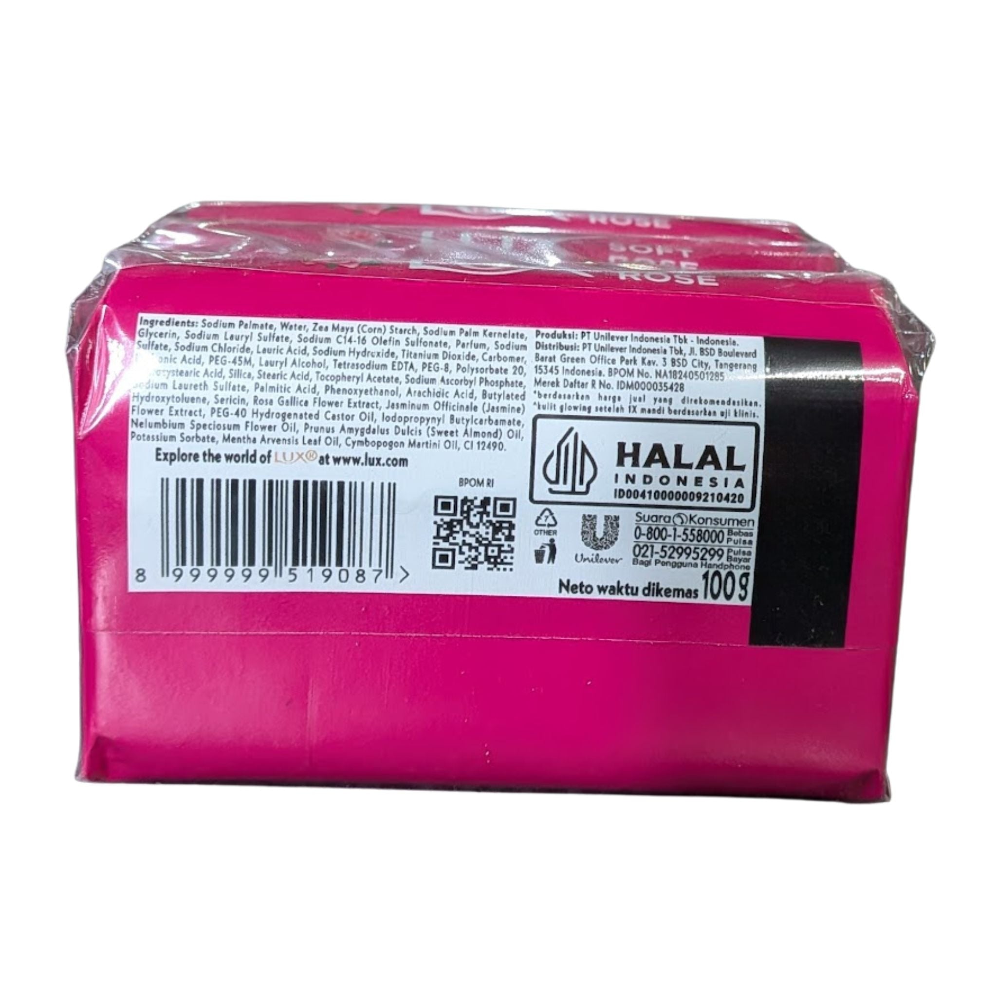 Pink soap bar with visible branding and product information on a white background