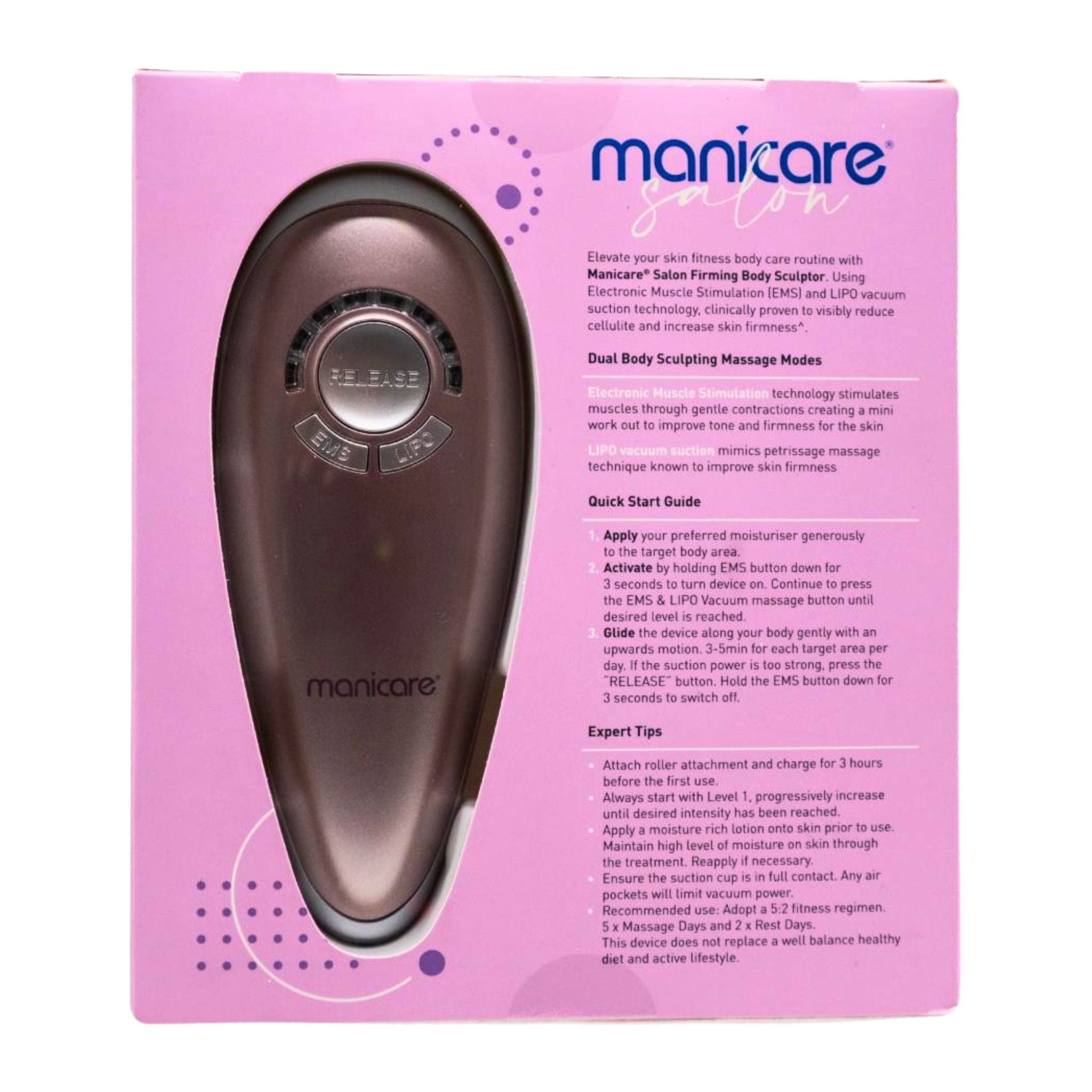 Manicare salon body sculpting device packaging on a white background