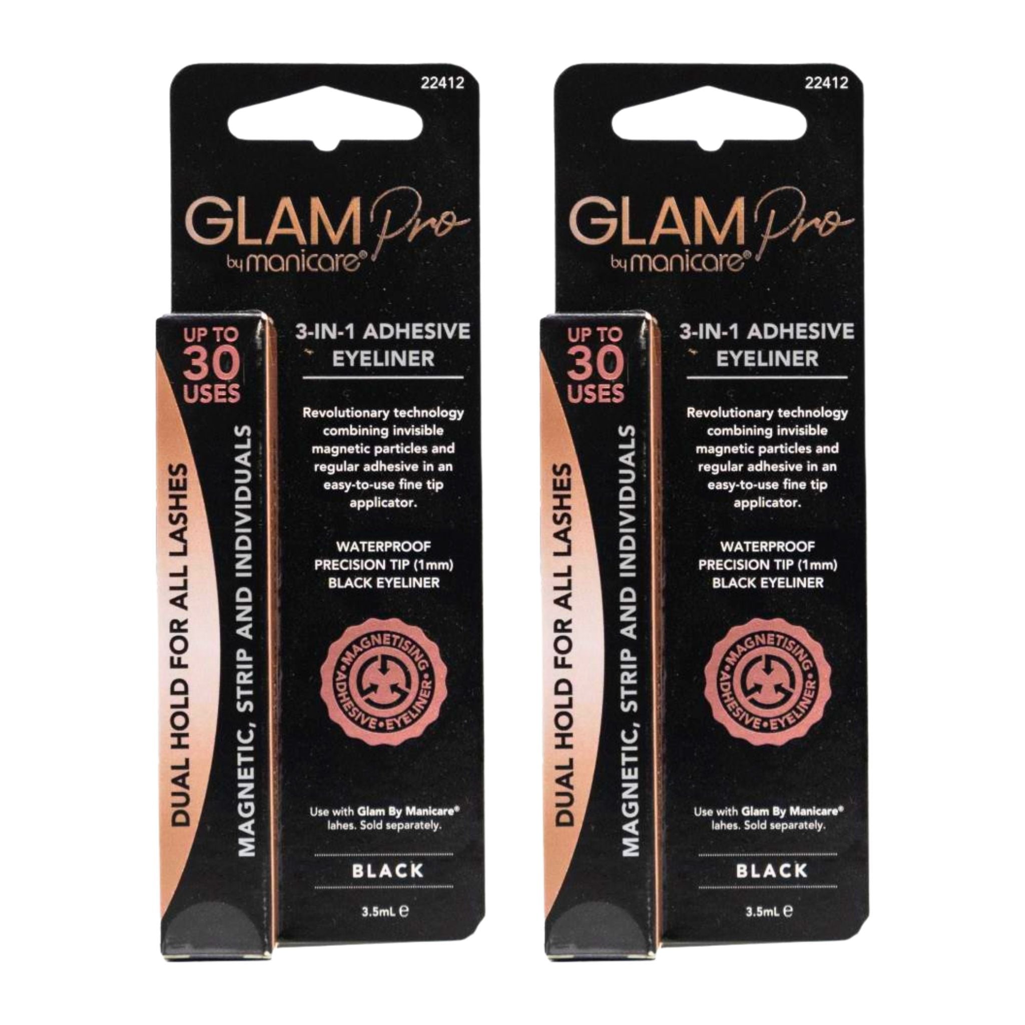 Two packages of Glam Pro by Manicare 3-in-1 adhesive eyeliner on a white background