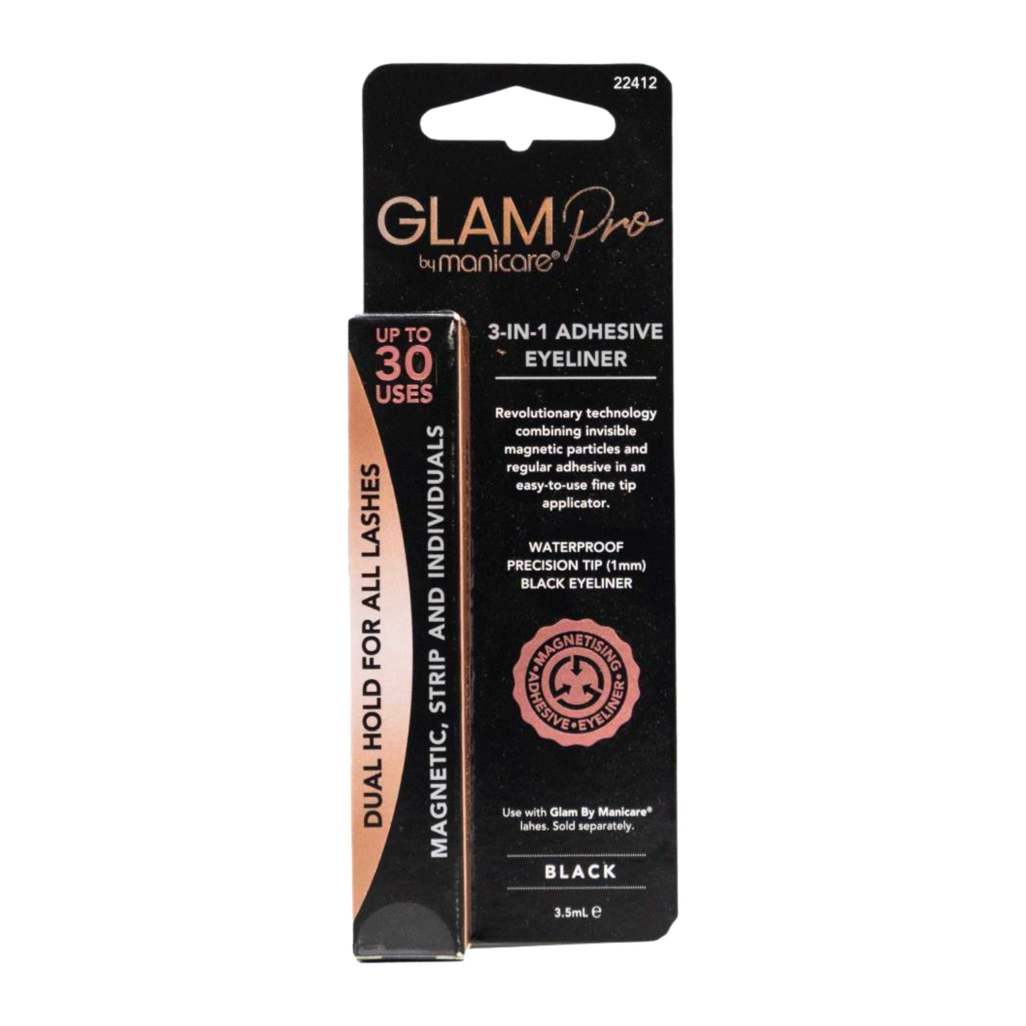 Glam Pro by Manicare 3-in-1 adhesive eyeliner packaging on a white background