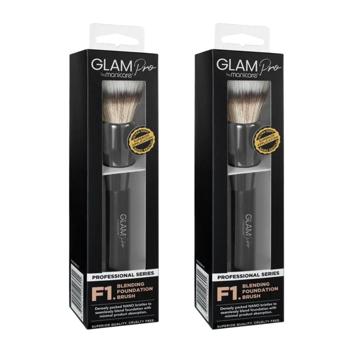Two Glam Pro F1 blending foundation brushes in packaging on a white background