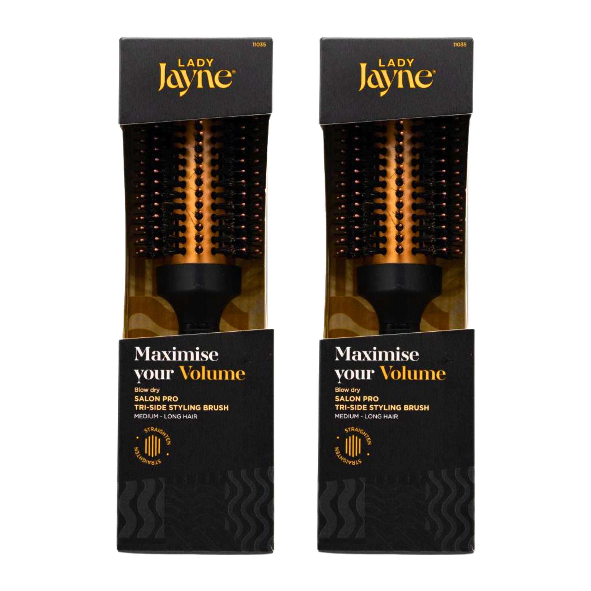 Two Lady Jayne hairbrushes in packaging on a white background