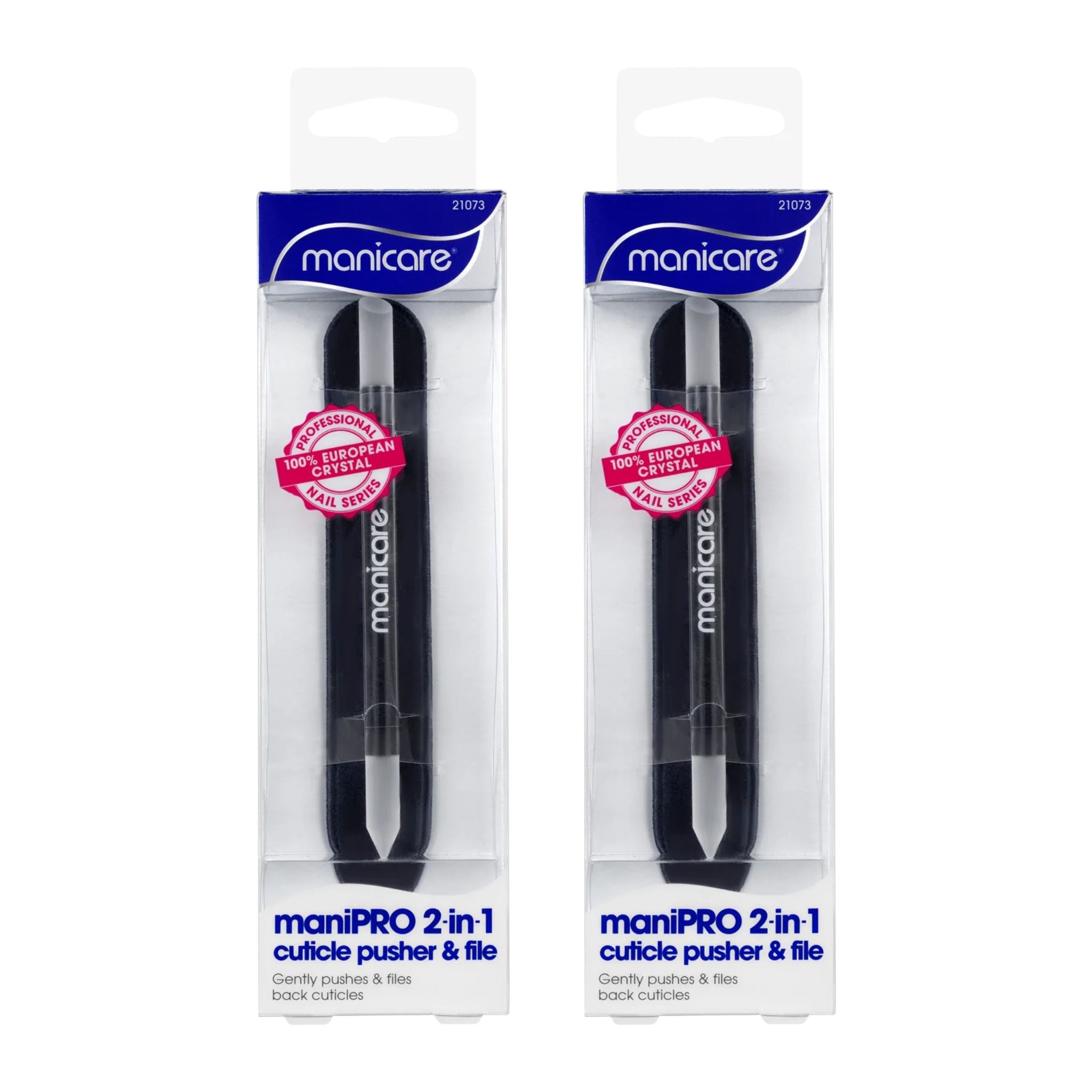 Two packages of Manicare maniPRO 2 in 1 cuticle pusher & file on a white background