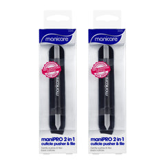 Two packages of Manicare maniPRO 2 in 1 cuticle pusher & file on a white background