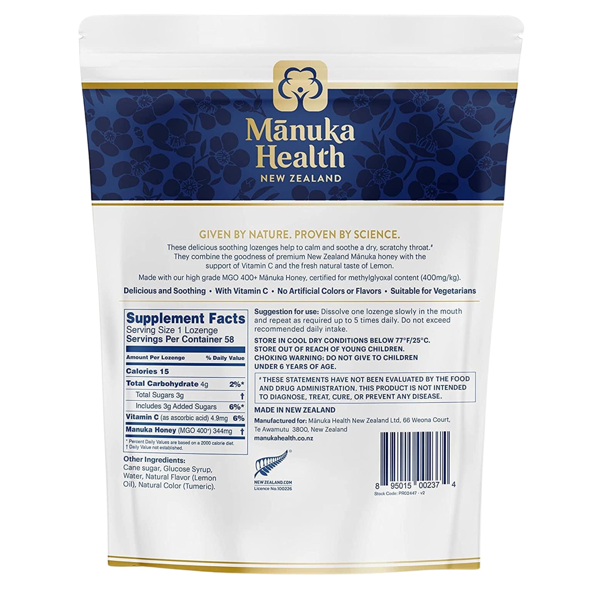 Back of Manuka Health MGO 400+ Manuka Honey Drops with Lemon – 250g pouch with nutrition information and product details