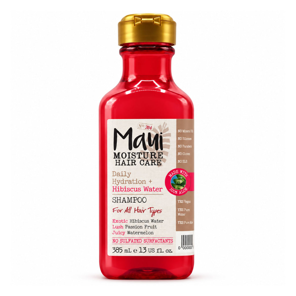 Mayi Moisture Hair Care Daily Hydration + Hibiscus Water Shampoo in a red bottle with a gold cap, on a white background.