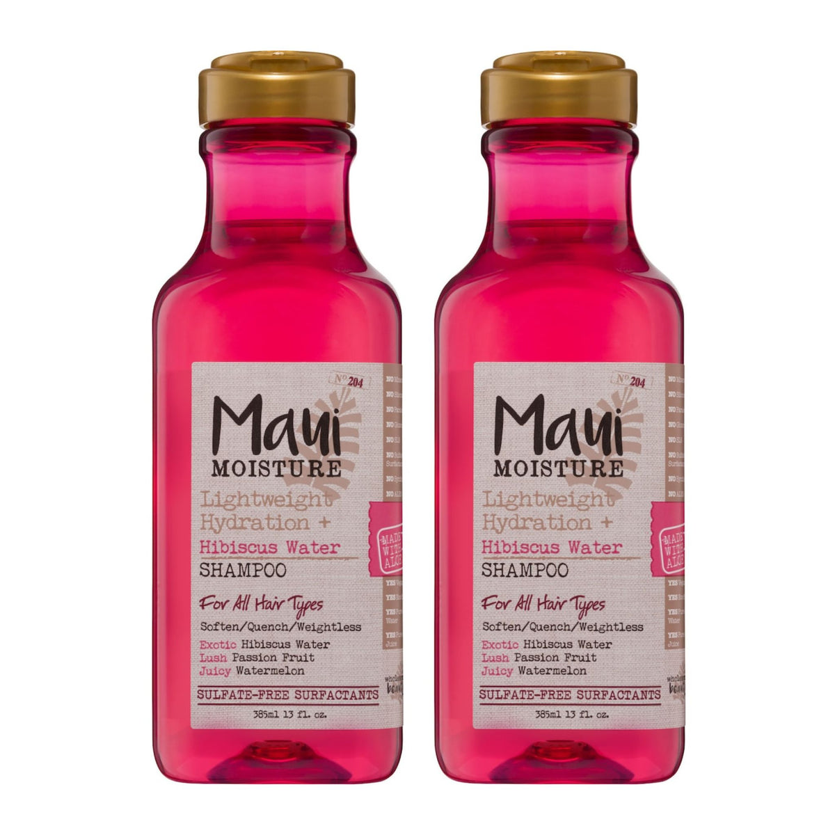 Two bottles of Maui Moisture shampoo with pink liquid and gold caps on a white background.