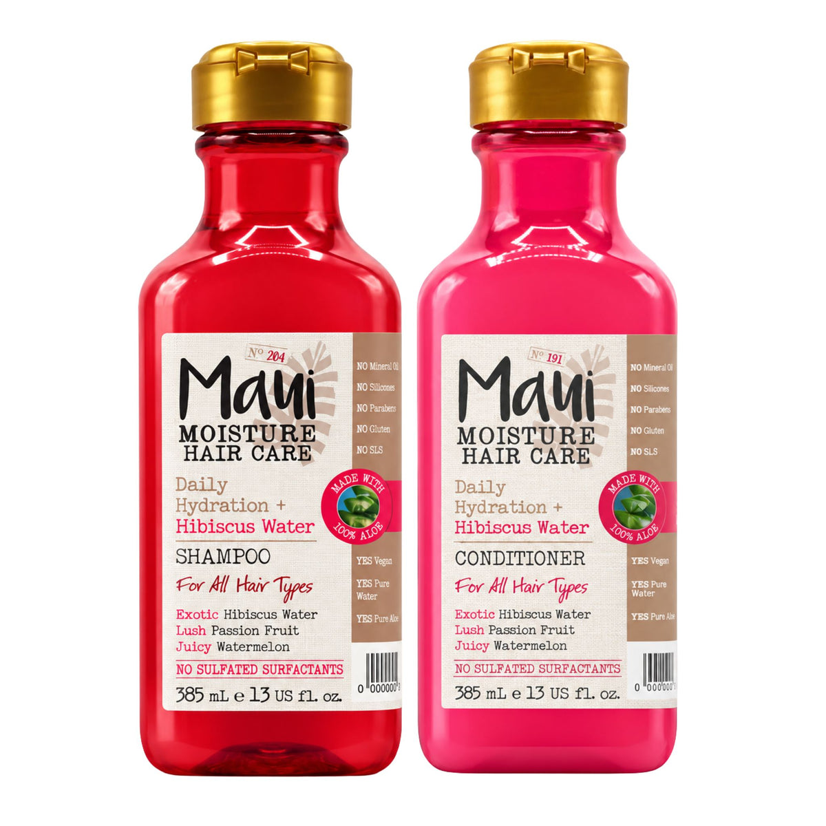 Two Maui Moisture Hair Care bottles side by side on a white background, showing the Shampoo in a translucent red bottle with a gold cap, and the Conditioner in a brighter pink-red bottle with a gold cap.