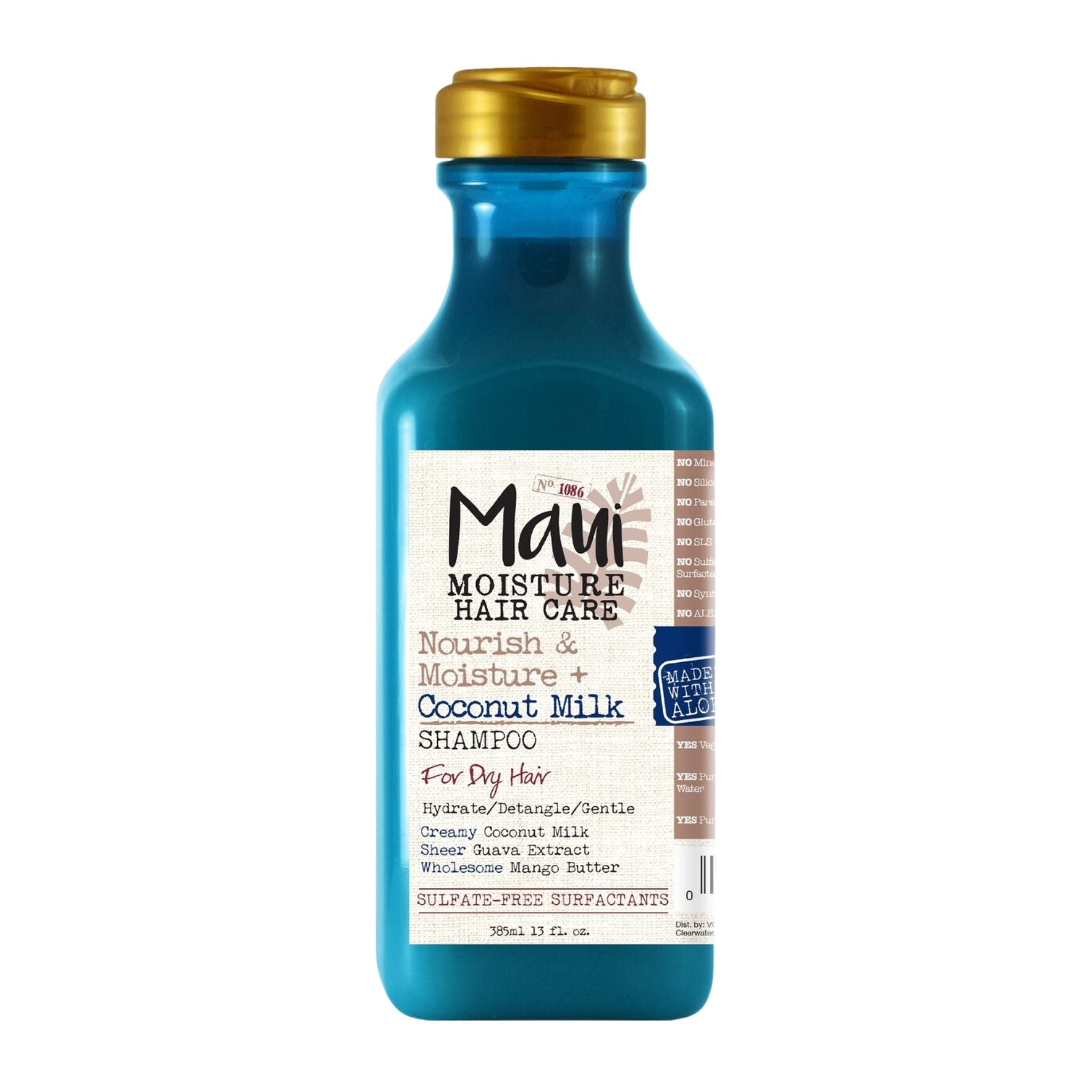 Blue shampoo bottle with gold cap labeled 'Maui Moisture Hair Care' on a white background