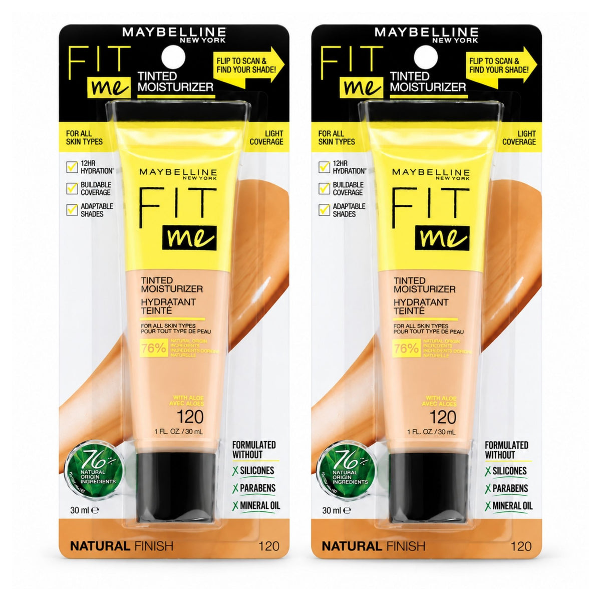 Two Maybelline Fit Me Tinted Moisturizer tubes in Natural Finish shade 120, shown in their retail packaging side by side on a white background.