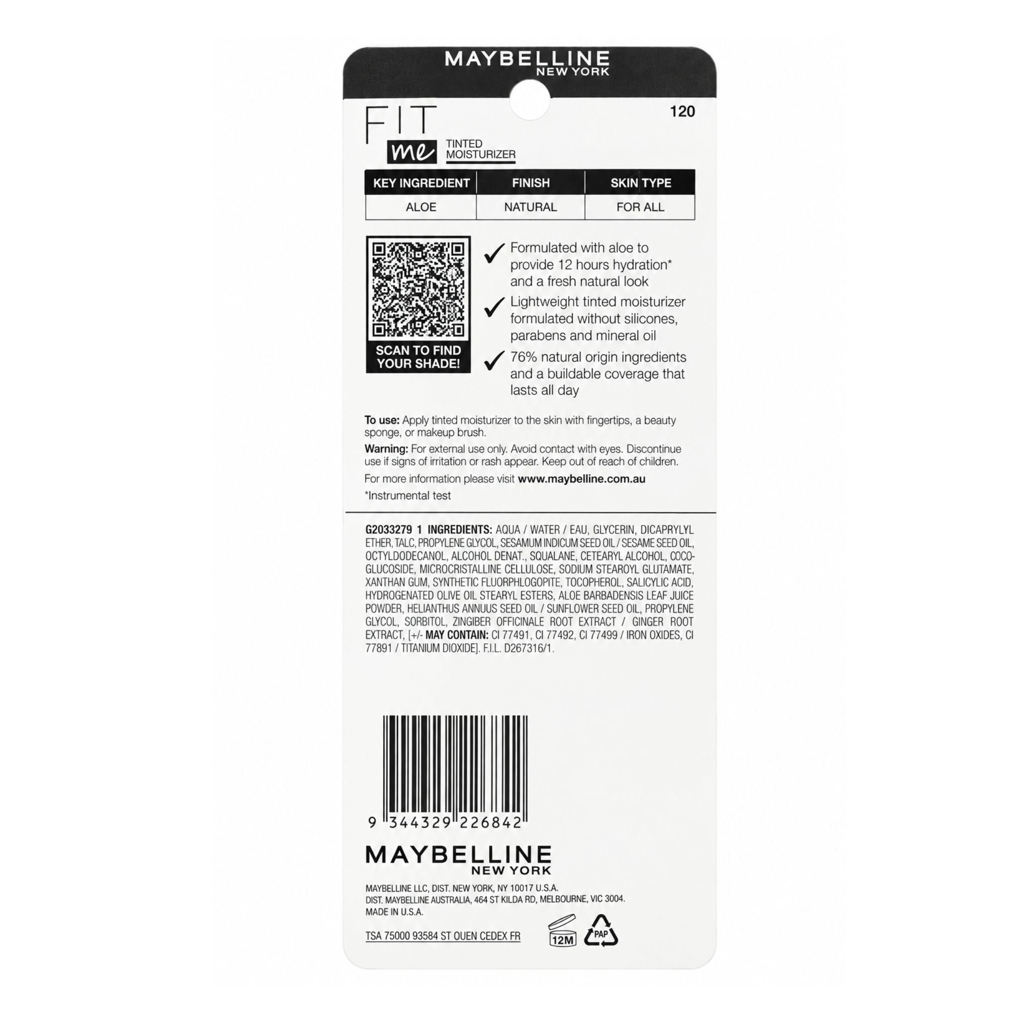 Maybelline Fit M24 Tined Moisturizer back packaging card, showing product details, ingredients, a QR code, and barcode on a white background.