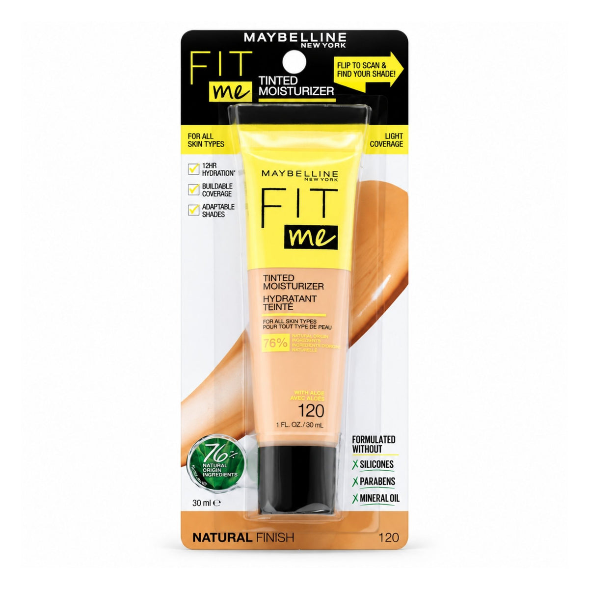 Maybelline Fit Me Tinted Moisturizer in shade 120 Natural Finish, in its original retail blister packaging with a black and yellow card backing.