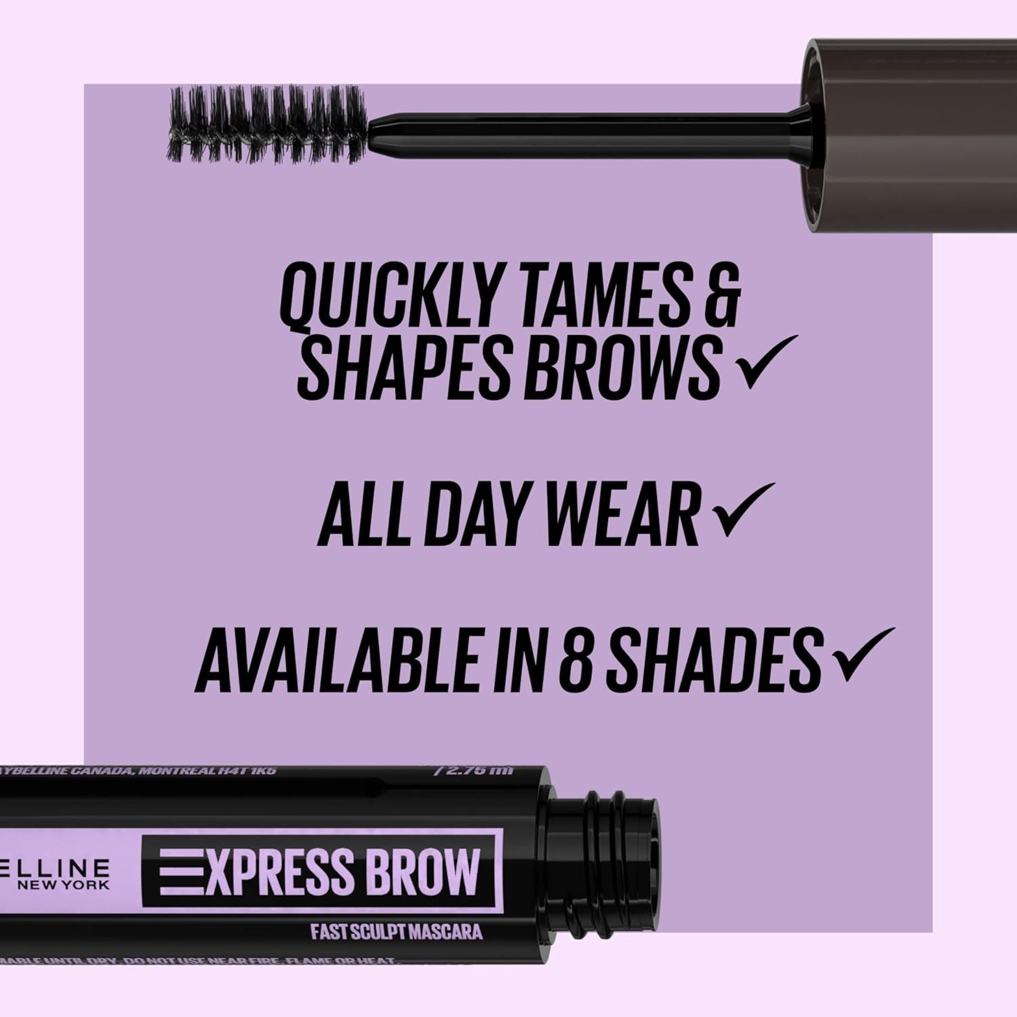 Maybelline Xpress Brow Gel benefits – quickly tames and shapes brows with all-day wear, available in eight shades.