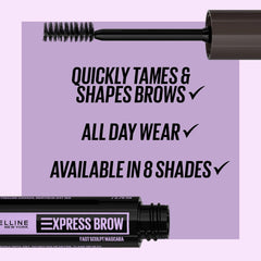 Maybelline Xpress Brow Gel benefits – quickly tames and shapes brows with all-day wear, available in eight shades.