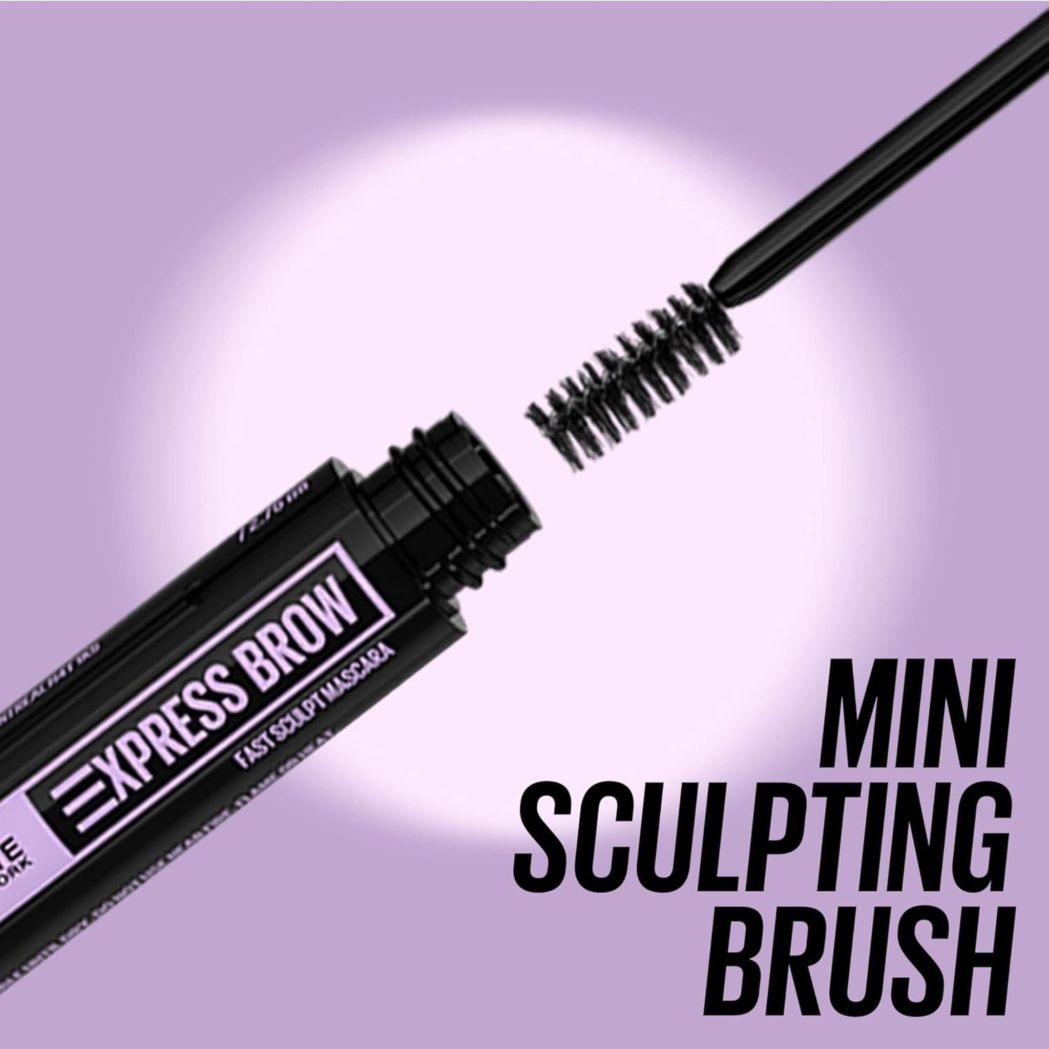 Close-up of Maybelline Xpress Brow Gel mini sculpting brush showing precise applicator for shaping and taming brows.