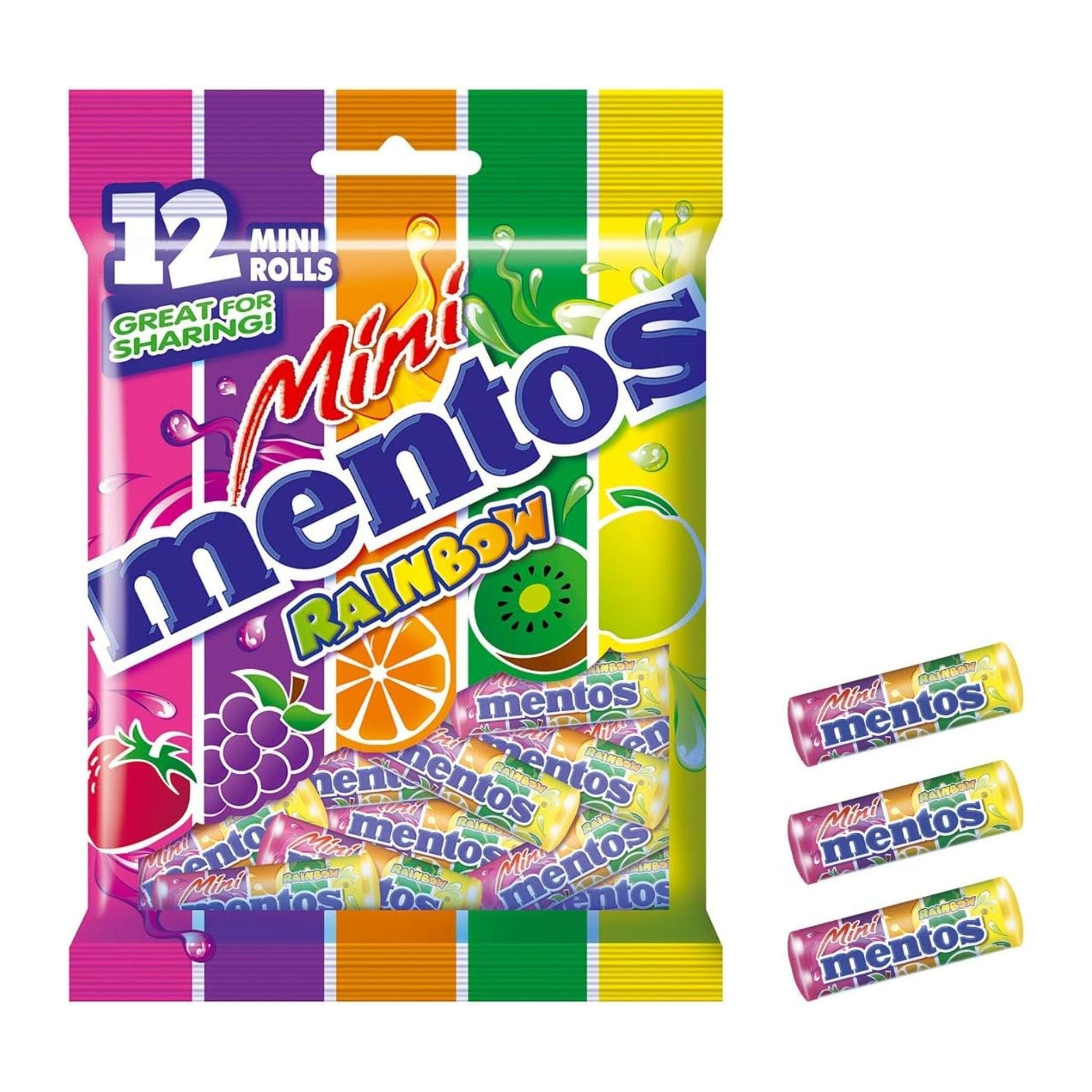 Packaging of Mini Mentos Rainbow candy with colorful design on a white background