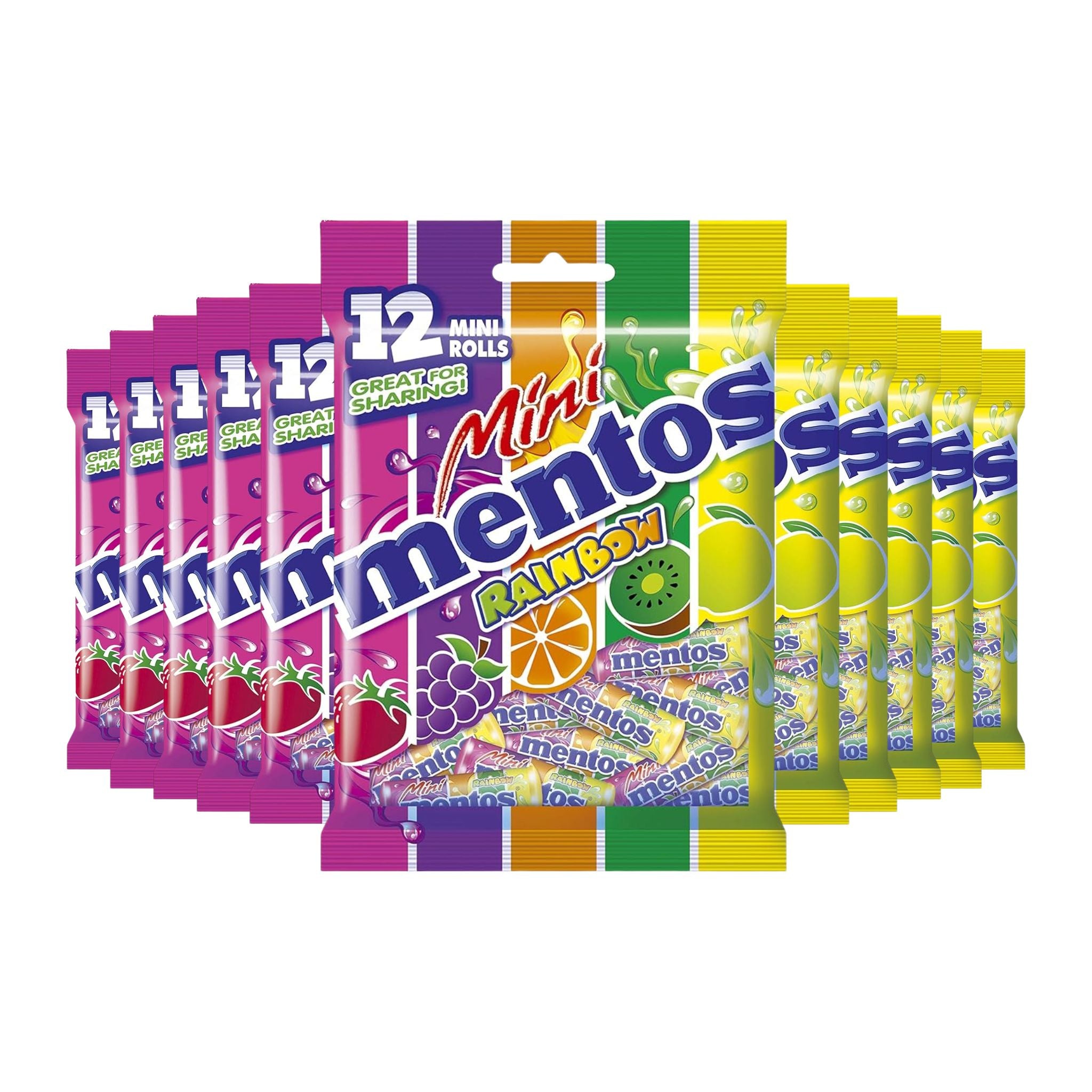 Multiple packages of Mini Mentos candy on a white background