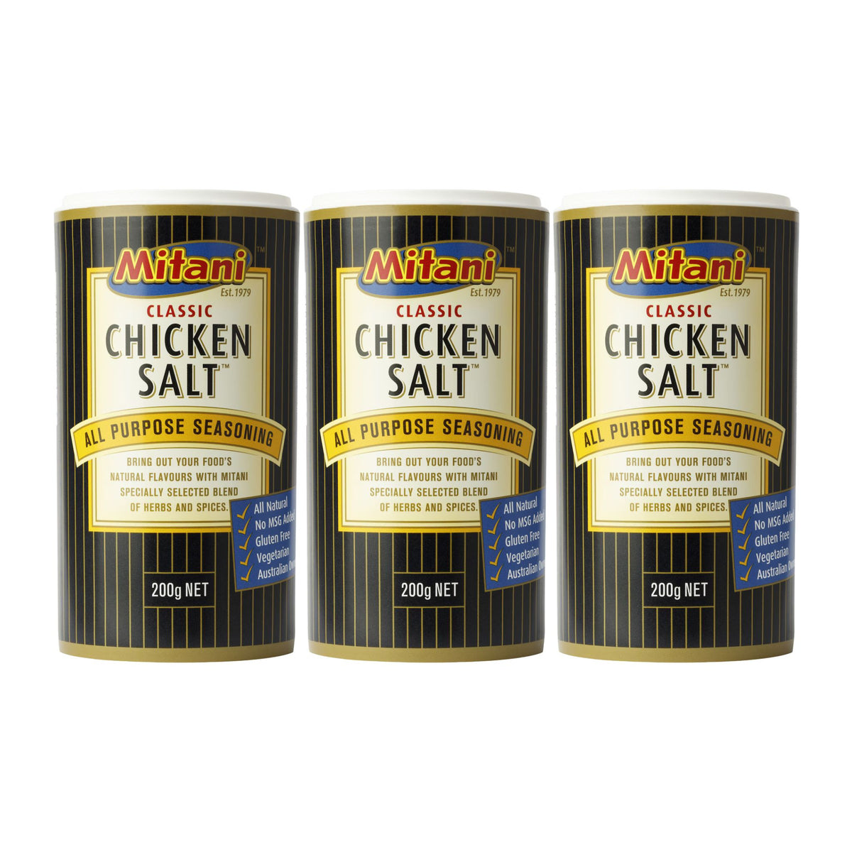 Three cans of Mitani Classic Chicken Salt seasoning on a white background