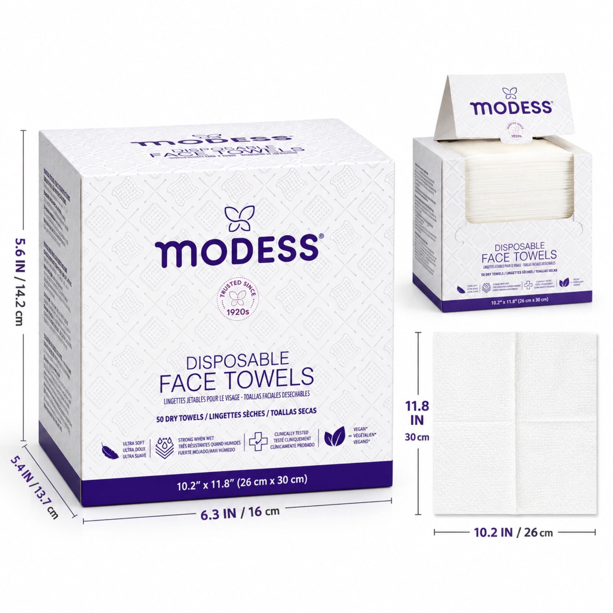 A package of Modess disposable face towels shown on a white background, with a large outer box, a smaller open box displaying folded towels, and dimension callouts for size and quantity.